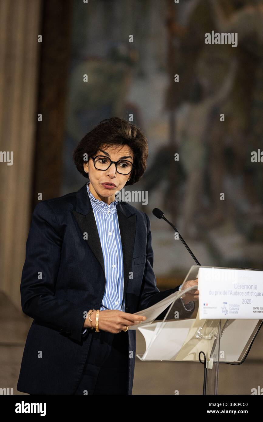 Rachida Dati, französische Kulturministerin, spricht während der Verleihung der Audacity 2025 im Pantheon in Paris, Frankreich, am 20. Mai 2025. (Foto: Telmo Pinto/NurPhoto) Stockfoto