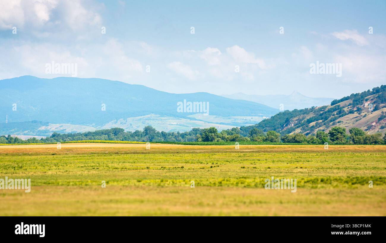 Landschaft mit ländlichem Feld. Berglandschaft rumäniens im Sommer. Bewölkter Himmel. Grüner Hügel Stockfoto