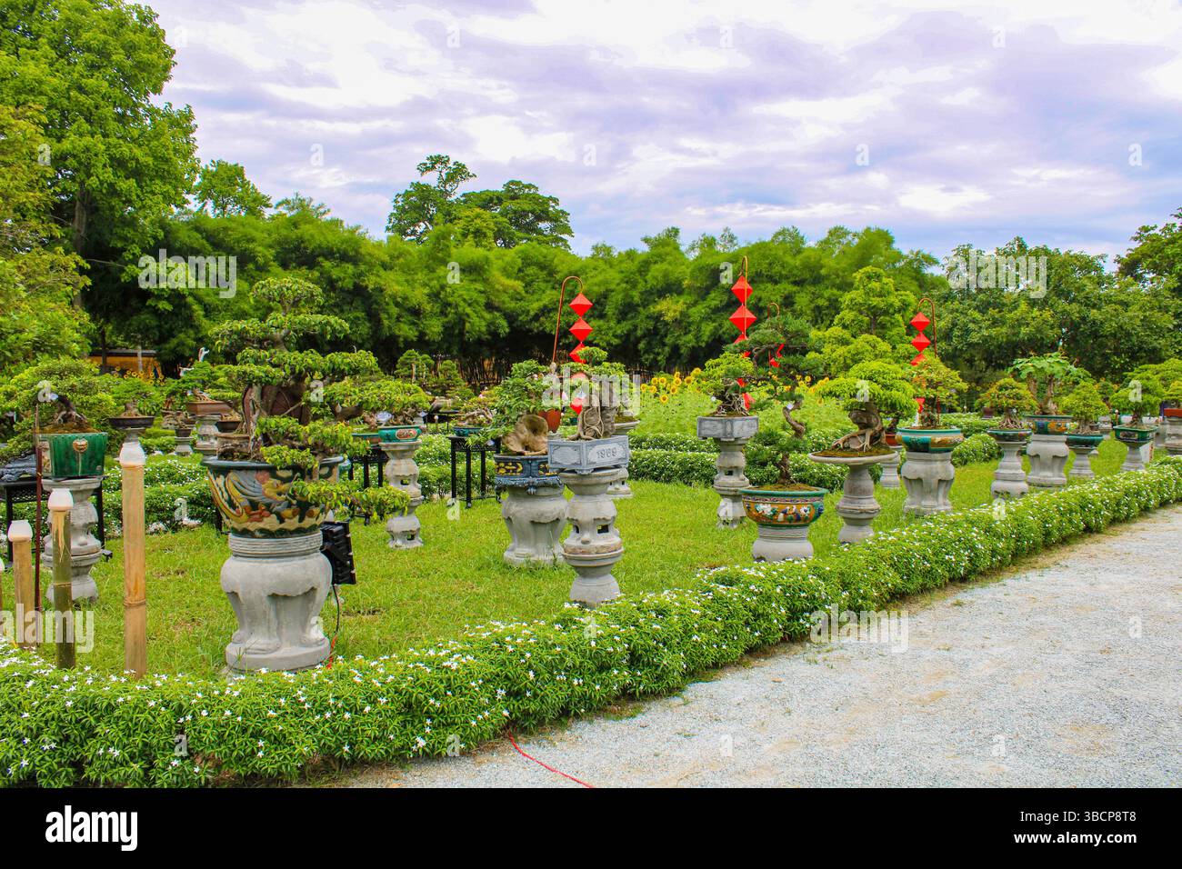 Vietnam, Hue. Hue Imperial City (Hoàng Thành Hu). Ein Blick auf die üppigen Gärten der kaiserlichen Zitadelle mit einer Sammlung von Bosai. Stockfoto