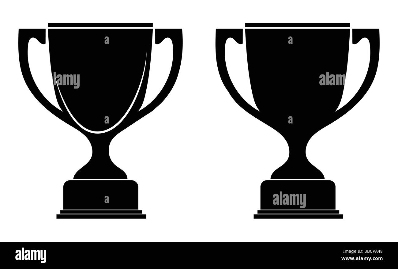 Set aus schwarzen Trophäen in verschiedenen Designs. Award Cups Vektor-Set, Trophäe schwarze Symbole, Sport Champion Preis isoliert auf weißem Hintergrund. Stock Vektor