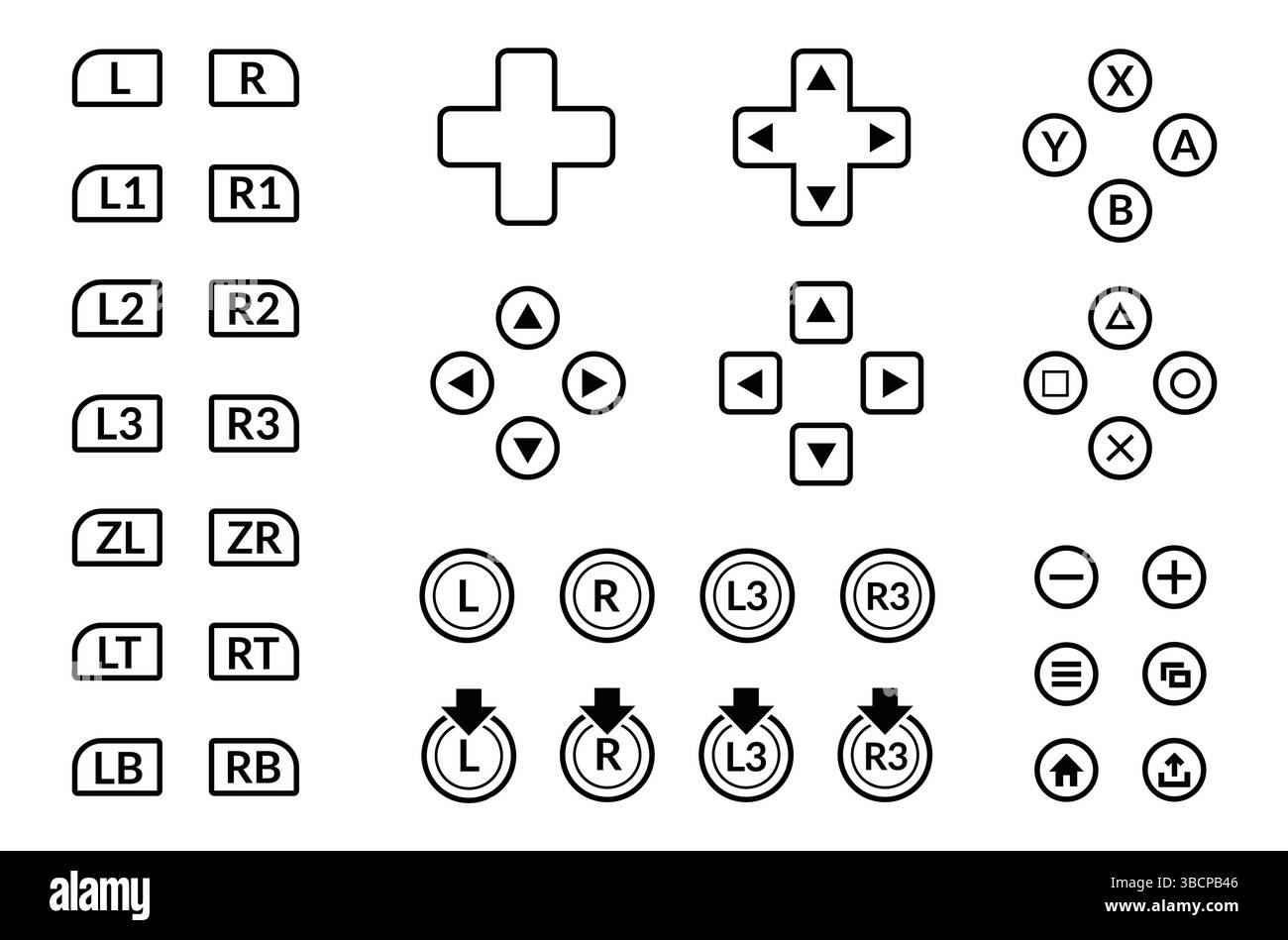 Video Game Controller Button Set Sammlung, Video Game Controller Button Line Art Vektor Symbol für Spiele und Websites Stock Vektor