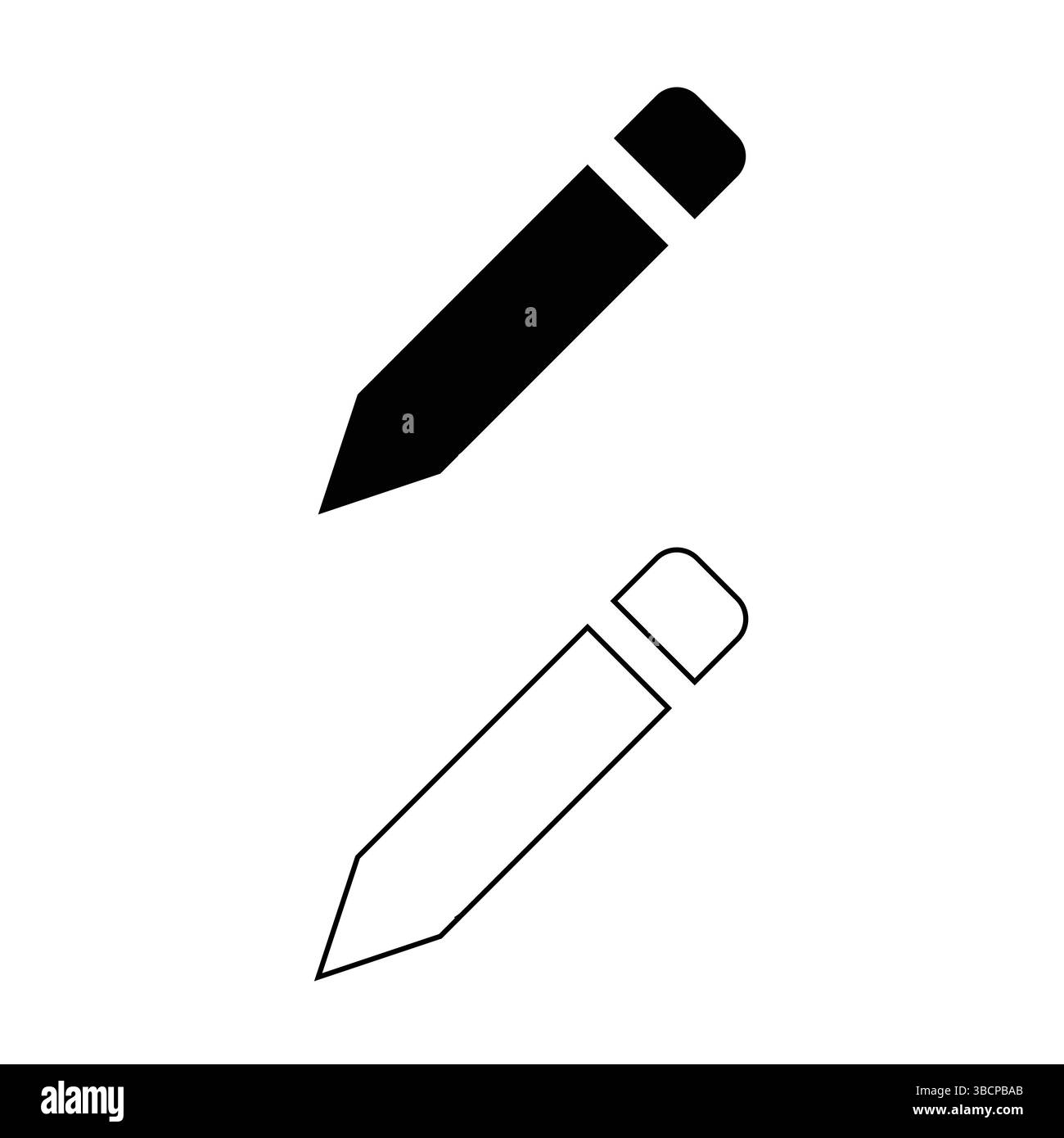 Bleistiftsymbolset: Dieses minimalistische Symbol-Set zeigt einen einfachen Bleistift in Schwarz und weiß, der in verschiedenen Designprojekten eingesetzt werden kann. Stock Vektor