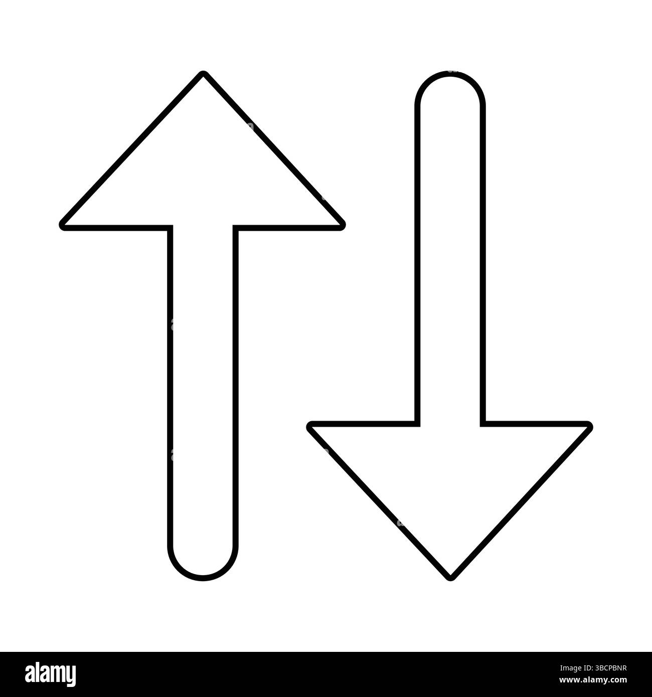 Abgerundete Minipfeile, Symbol nach oben und unten. Ein kleines schwarzes bidirektionales Richtungssymbol. Isoliert auf weißem Hintergrund. Stock Vektor