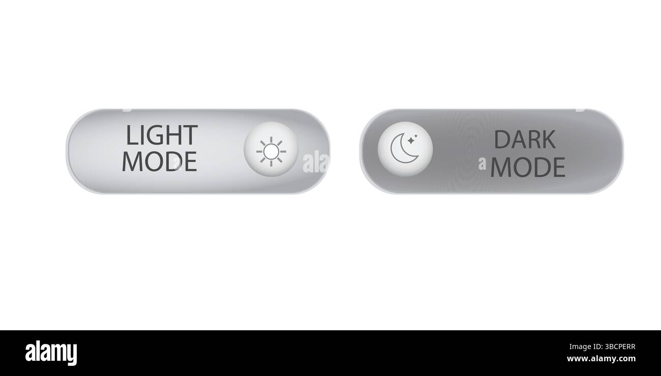 Kippschalter ein und aus. Schalter für Tag- und Nachtmodus. Dunkler Modus, heller Modus. Materialausführung Schaltersatz. Vektorabbildung. Stock Vektor