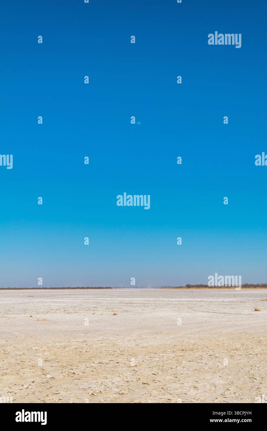 Riesige Salzpfanne unter einem intensiv blauen Himmel, Makgadikgadi Pan, Botswana, Nxai Pan Nationalpark, Kudiakam Pan Stockfoto