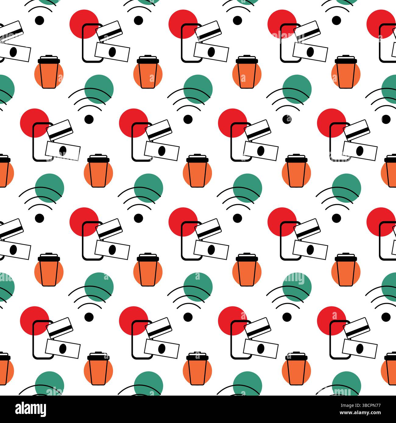 Smartphone für Einwegkaffeetasse mit Wi-Fi-Schild, Karte und Banknote, minimalistisches Symbol, nahtloses Muster. Isolierte Vektor-Illustration Lieferung Promo- oder Druckmaterialien, Broschüren, Etiketten, Hintergründe von Tags Stock Vektor