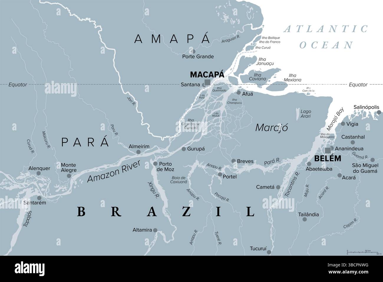Amazonas-Delta, graue politische Karte. Flussdelta, gebildet durch den Amazonas und den Tocantins River im Norden Südamerikas. Stockfoto