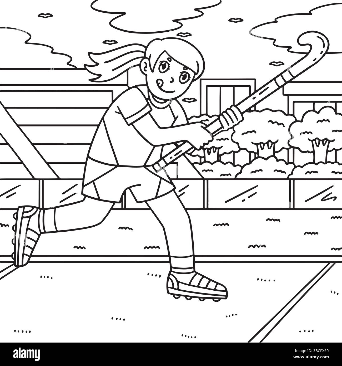 Field Hockey Weibliche Spieler Running Coloring Page Stock Vektor