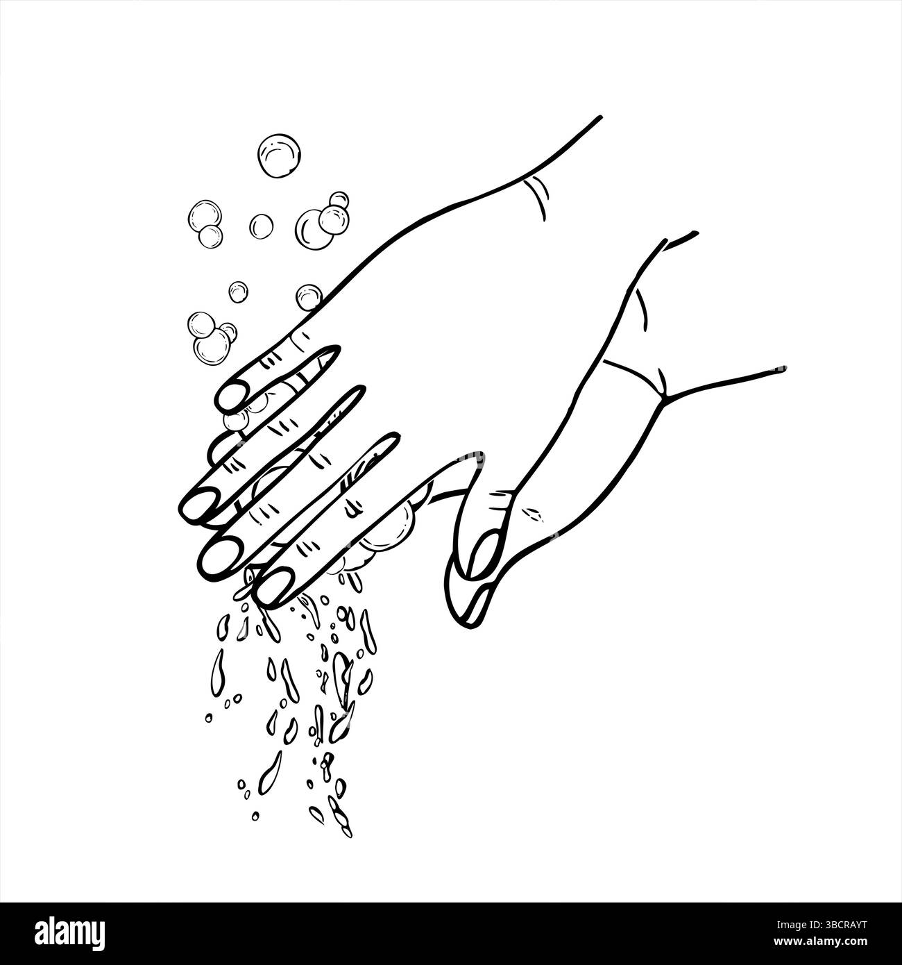 Richtige Handwaschtechnik mit Seife, aufsteigenden Blasen und fallenden Wassertropfen monochrome Vektorillustration gemalt mit schwarzen Tinten. Für die Hygiene Stock Vektor Richtige Handwaschtechnik mit Seife, aufsteigenden Blasen und fallenden Wassertropfen monochrome Vektorillustration gemalt mit schwarzen Tinten. Für die Hygiene Stock Vektor