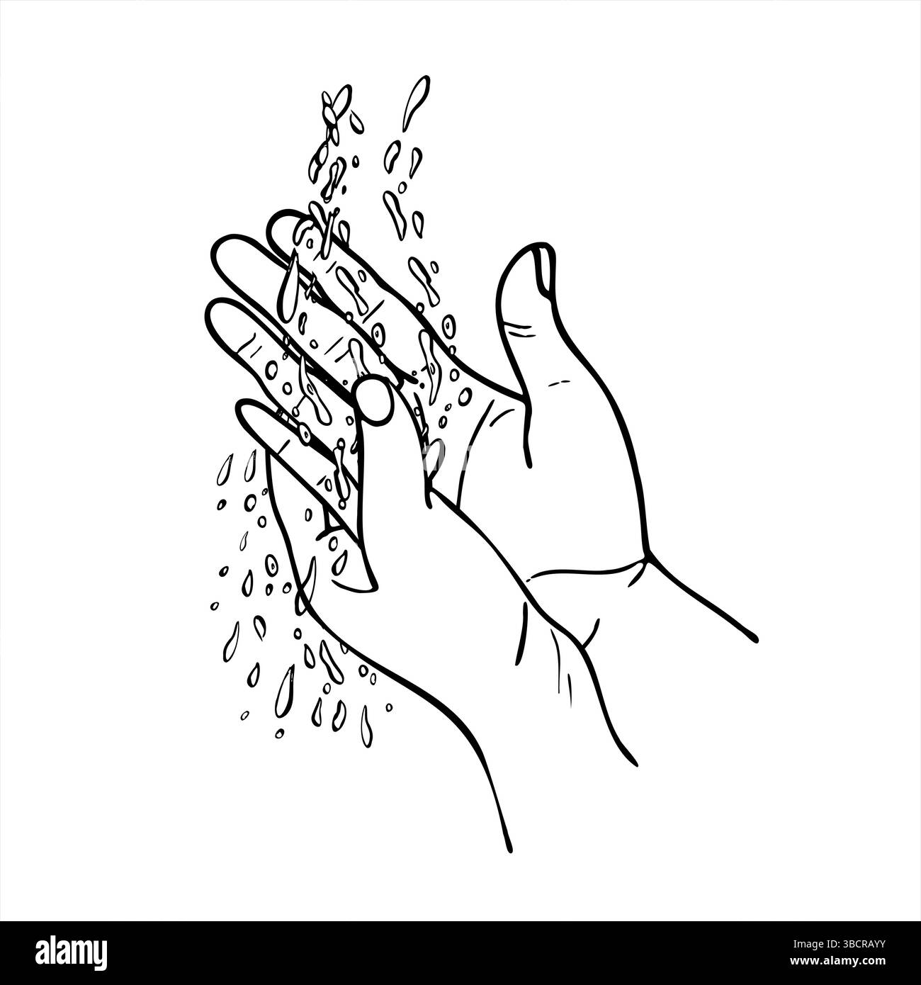 Hände, die unter fließendem Wasser gewaschen werden monochrome Vektor-Illustration in linearer Art. Für Hygieneaufklärungsmaterialien, Gesundheitsaufklärungskampagnen Stock Vektor