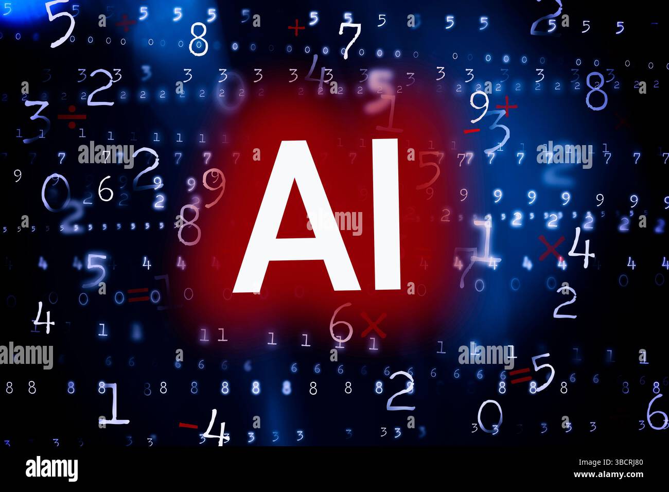 Digital generiertes Bild von KI-Zeichen und -Zahlen Stockfoto