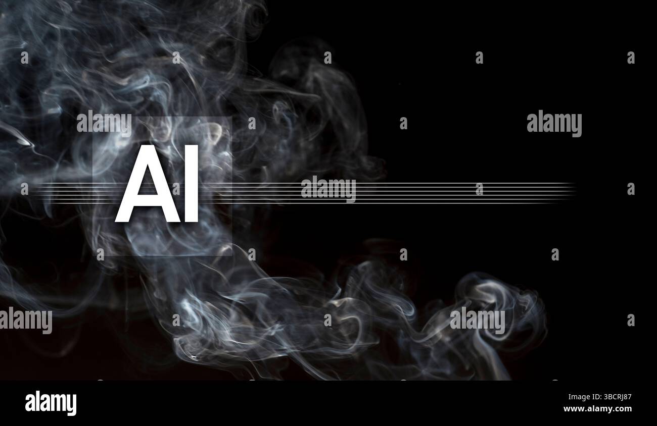 Digitales Rauchbild mit KI-Zeichen vor schwarzem Hintergrund Stockfoto