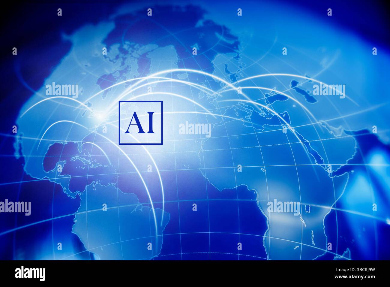 Digital generiertes Bild des blauen Globus mit KI-Zeichen Stockfoto