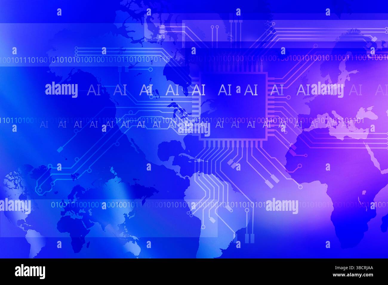 „AI“-Buchstaben und Binärzahlen überlagert Computerplatine und Weltkarte Stockfoto