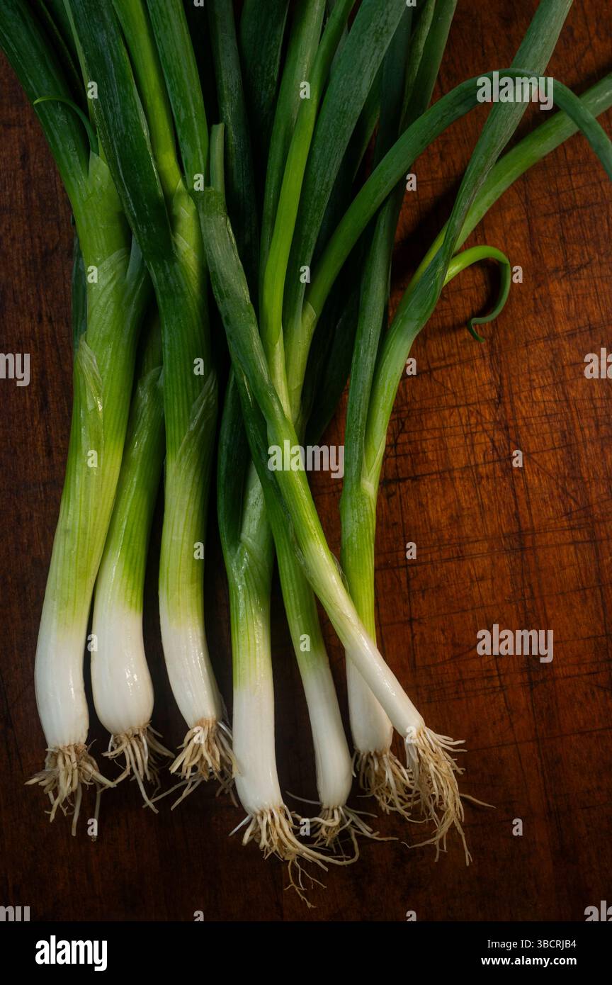 Schalotten gegen raues Schneidebrett Stockfoto