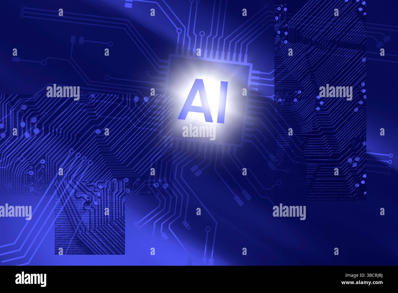 „AI“ überlagert das blaue Layout der Computerplatine Stockfoto