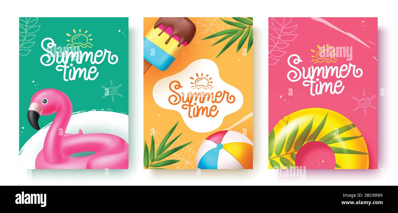Vektor-Poster-Design für den Sommer-Gruß. Begrüßungstext zur Sommerzeit mit farbenfrohen Floatern, Dekorationselementen für Popsicle und Palmblätter. Stock Vektor