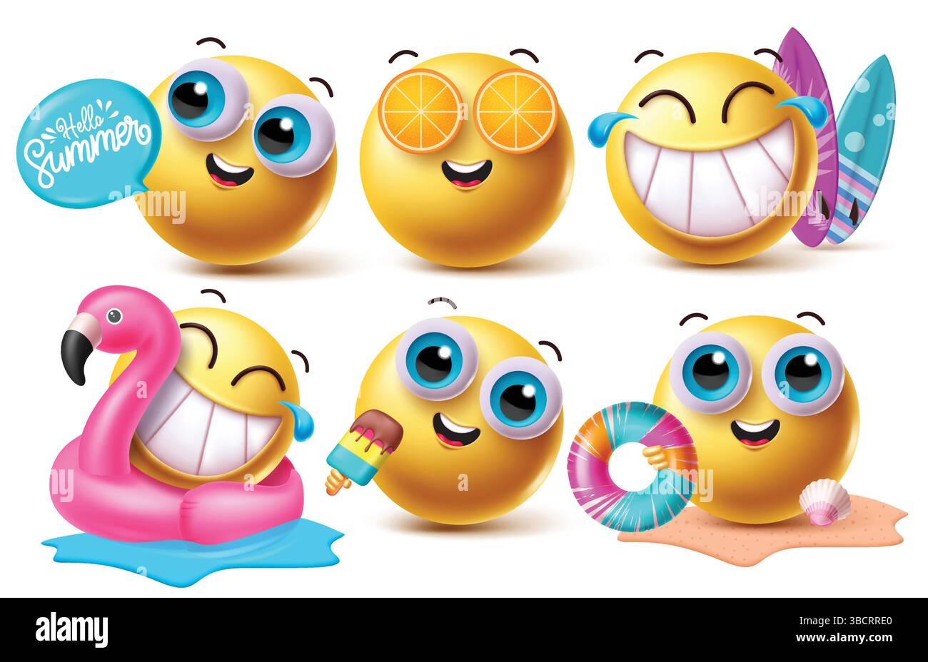 Sommer Emoji Clipart Zeichensatz, Vektor-Illustration. Stock Vektor