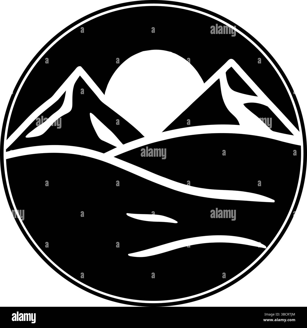 Berglandschaftssymbol - Sonne mit Gipfeln und Fluss Stock Vektor