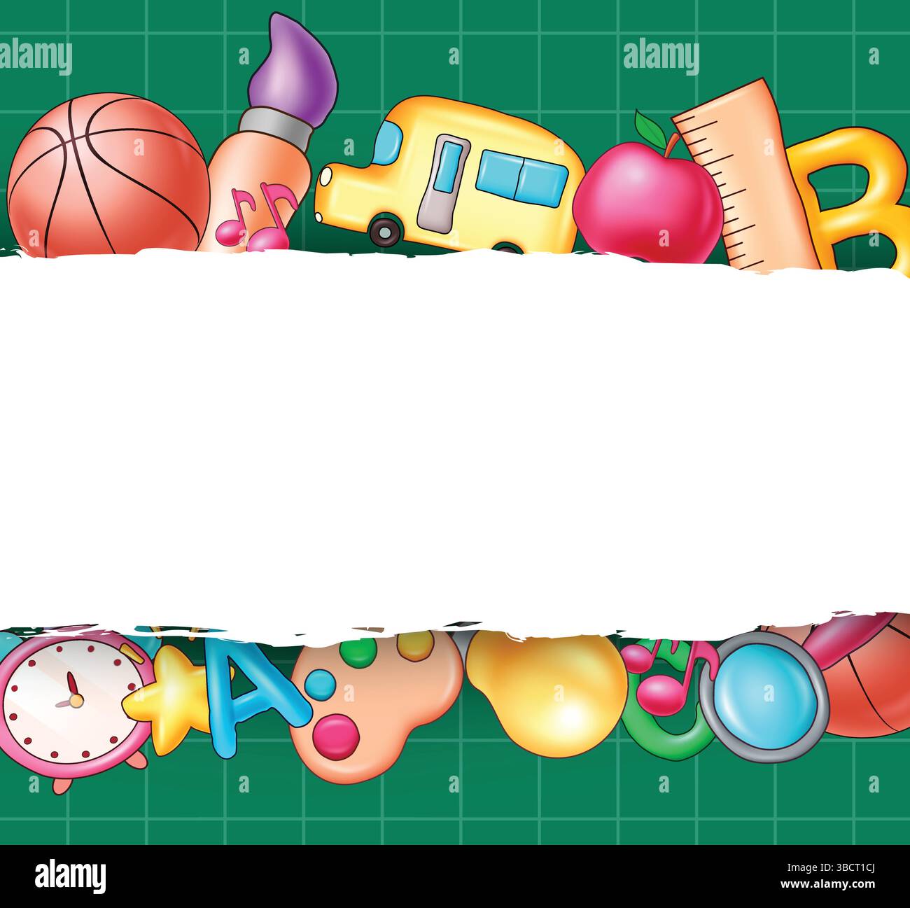 Back to School Text Vector Template Design. Kritzeln Sie Lernelemente, Verbrauchsmaterialien und Gegenstände für den Lernhintergrund. Vektorabbildung. Stock Vektor