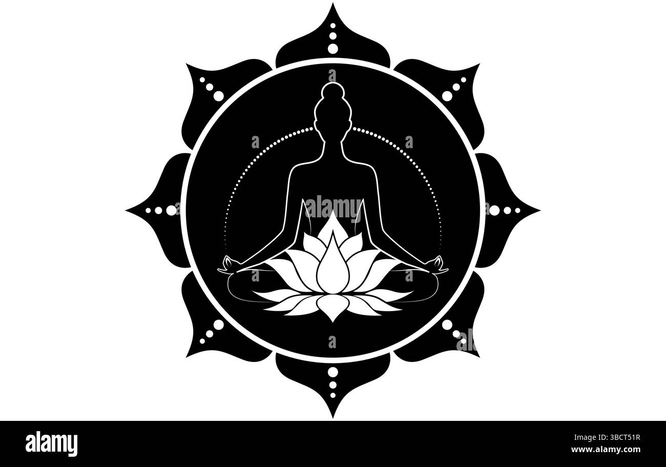 Lotus Mandala-Logo. Frau, die in Lotusposition sitzt und meditiert. Heilige Lotusblüte Symbol für Yoga, Spa, Schönheitssalon, Kosmetik, Stock Vektor