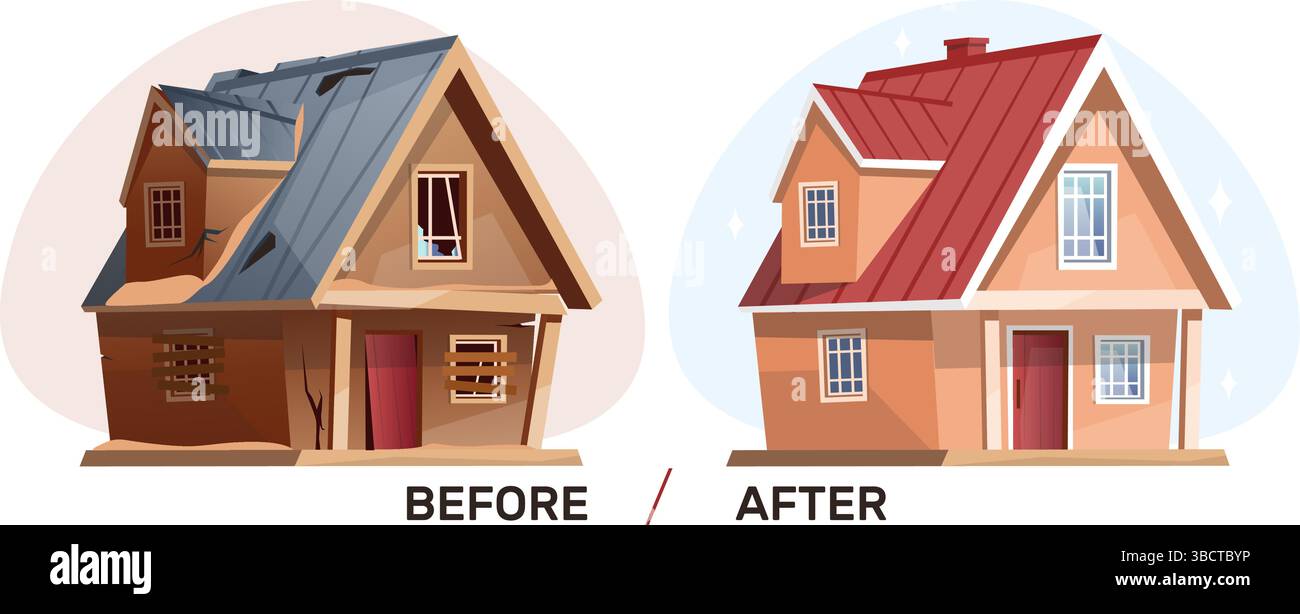 Landhaus vor oder nach der Renovierung. Sanierung von Wohngebäuden. Verbesserung der Architektur. Immobilien. Hauspflege. Fassadenumbau. Dach A Stock Vektor