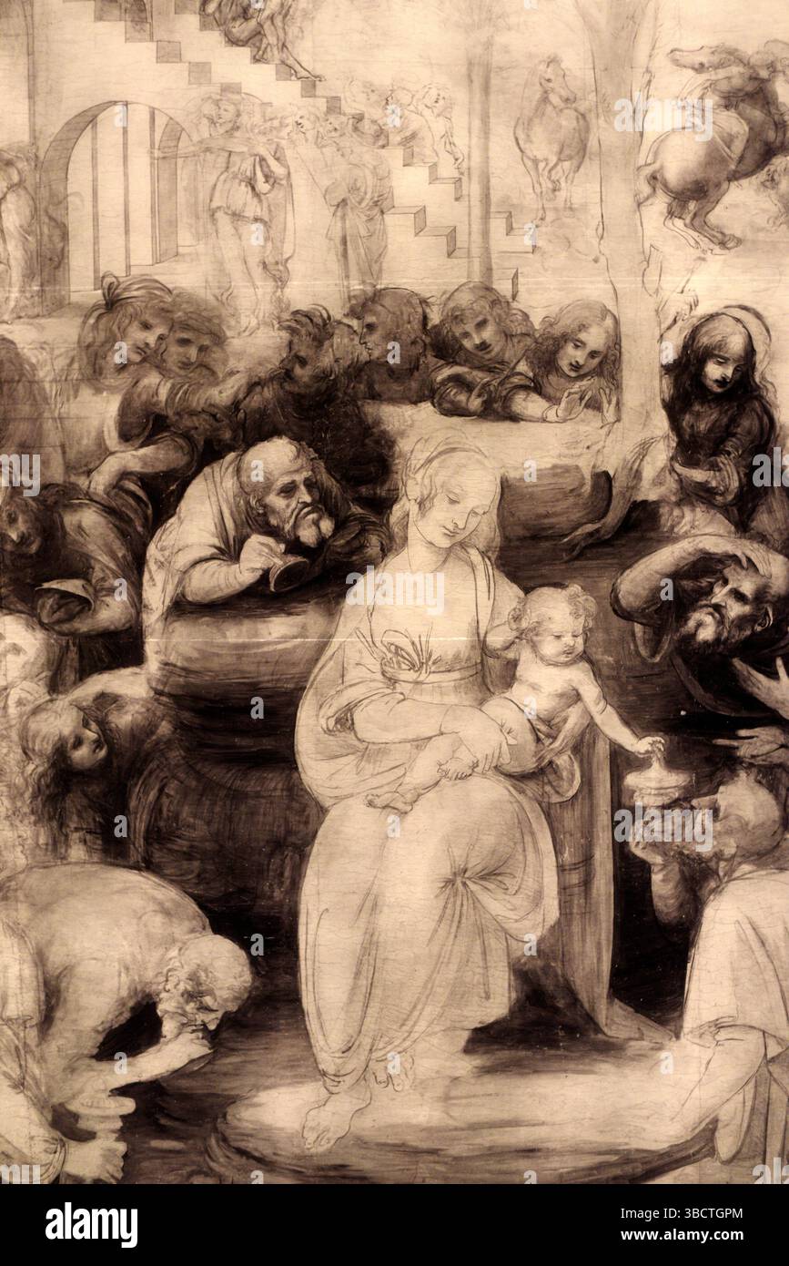 L'Adoration des mages, von Leonard de Vinci, Ausstellung im Louvre, Paris, Frankreich. Stockfoto
