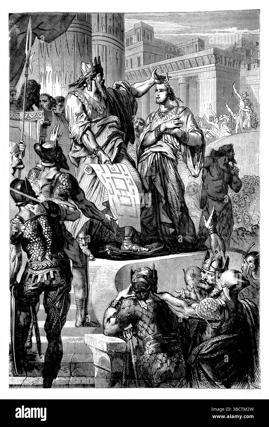 Illustration von David in der feierlichen Versammlung, die sich Gottes Gnade erklärt und seinem Sohn Salomo (Chroniken) aus dem antiken 19. Jahrhundert verspricht Stockfoto