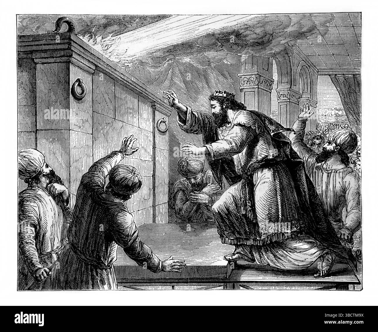 Wunderbares Feuer, das Salomos Opfer bei der Einweihung des Tempels (Chroniken) aus dem Antiken 19. Jahrhundert verzehrt, die Heilige Bibel enthält die Alte Stockfoto