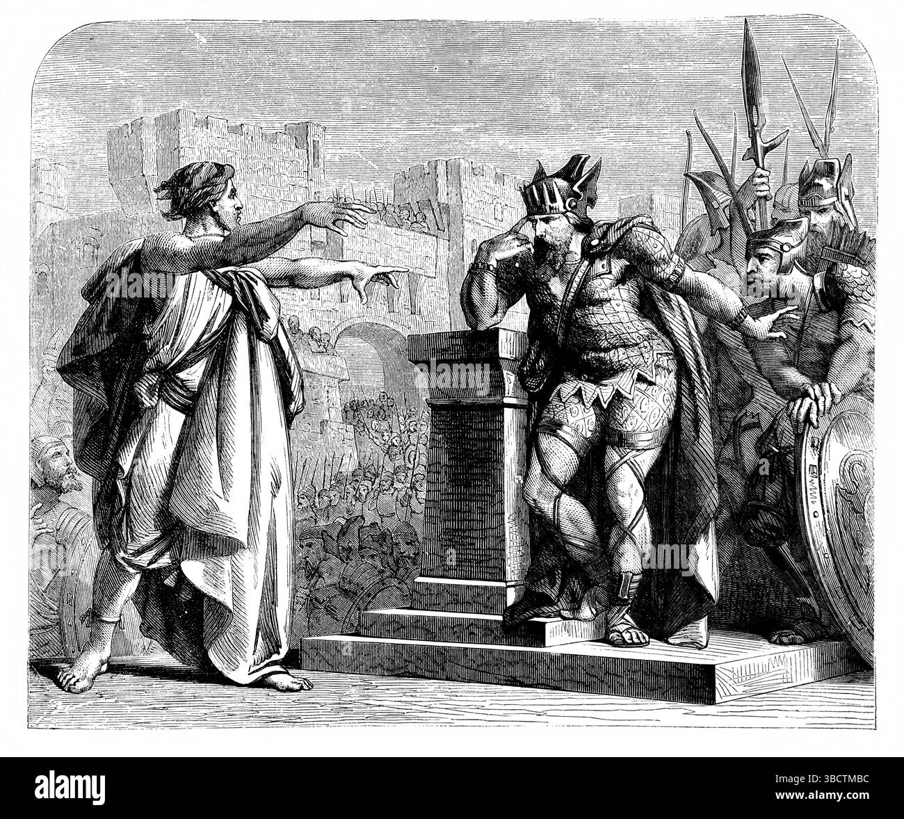 Abbildung von Rehabeam, dem der Prophet Schemaja den Krieg mit den aufgewühlten Stämmen israels verbietet (Chroniken) aus dem Antiken 19. Jahrhundert Stockfoto