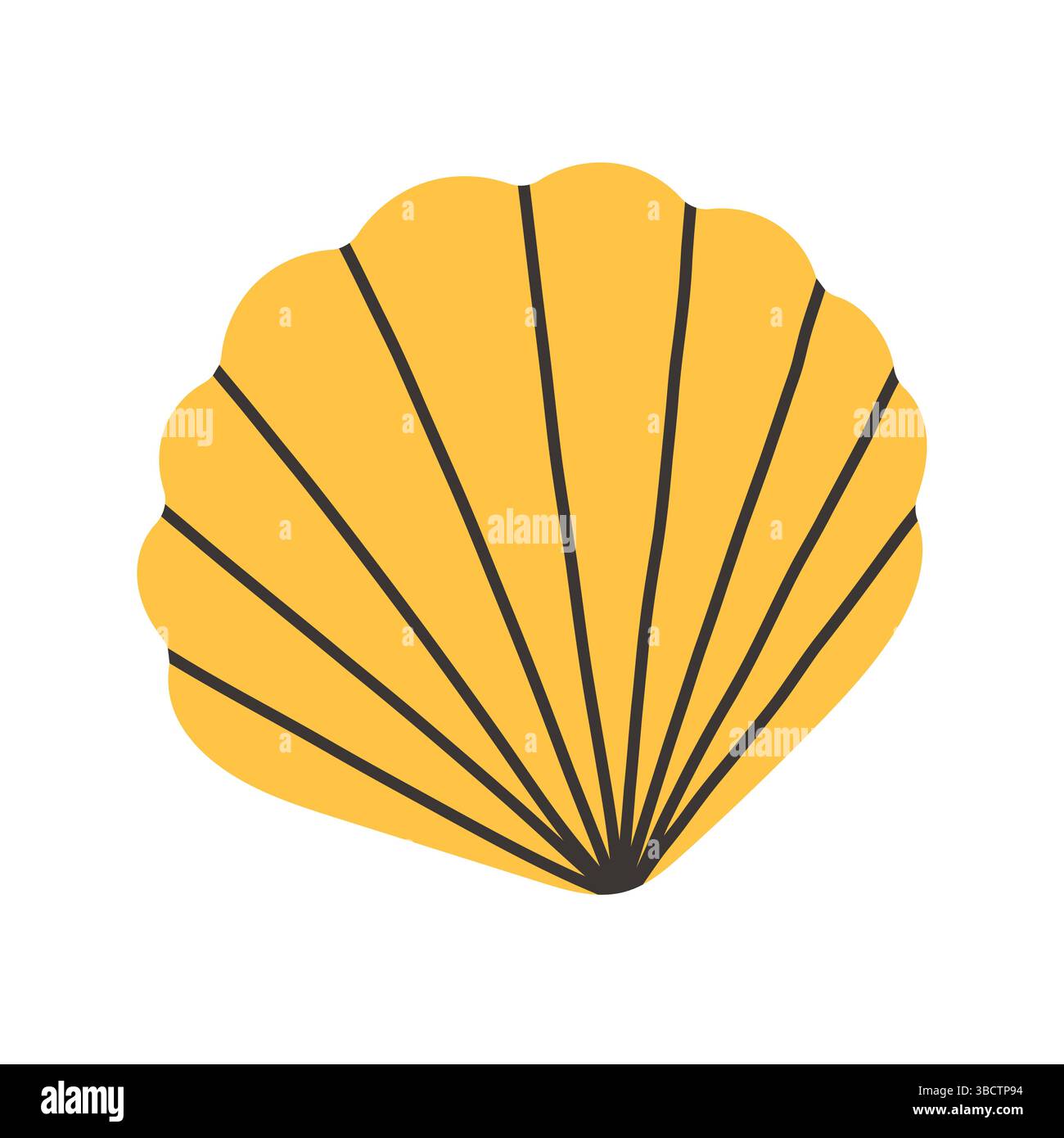 Muschel-Muschel einfache flache Illustration. Isoliertes minimalistisches Design einer gelben Jakobsmuschel auf weißem Hintergrund. Vektor Stock Vektor