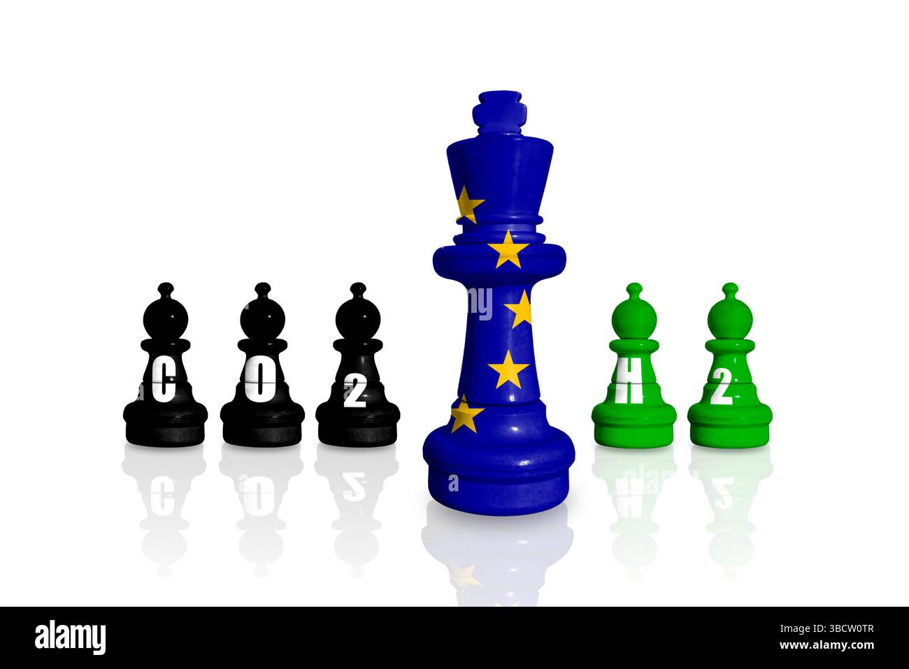 Schach aus EU-Flagge. Wasserstoff ist eine alternative Energiequelle. Umweltfreundliche und saubere Energie ohne CO2-Emissionen Stockfoto