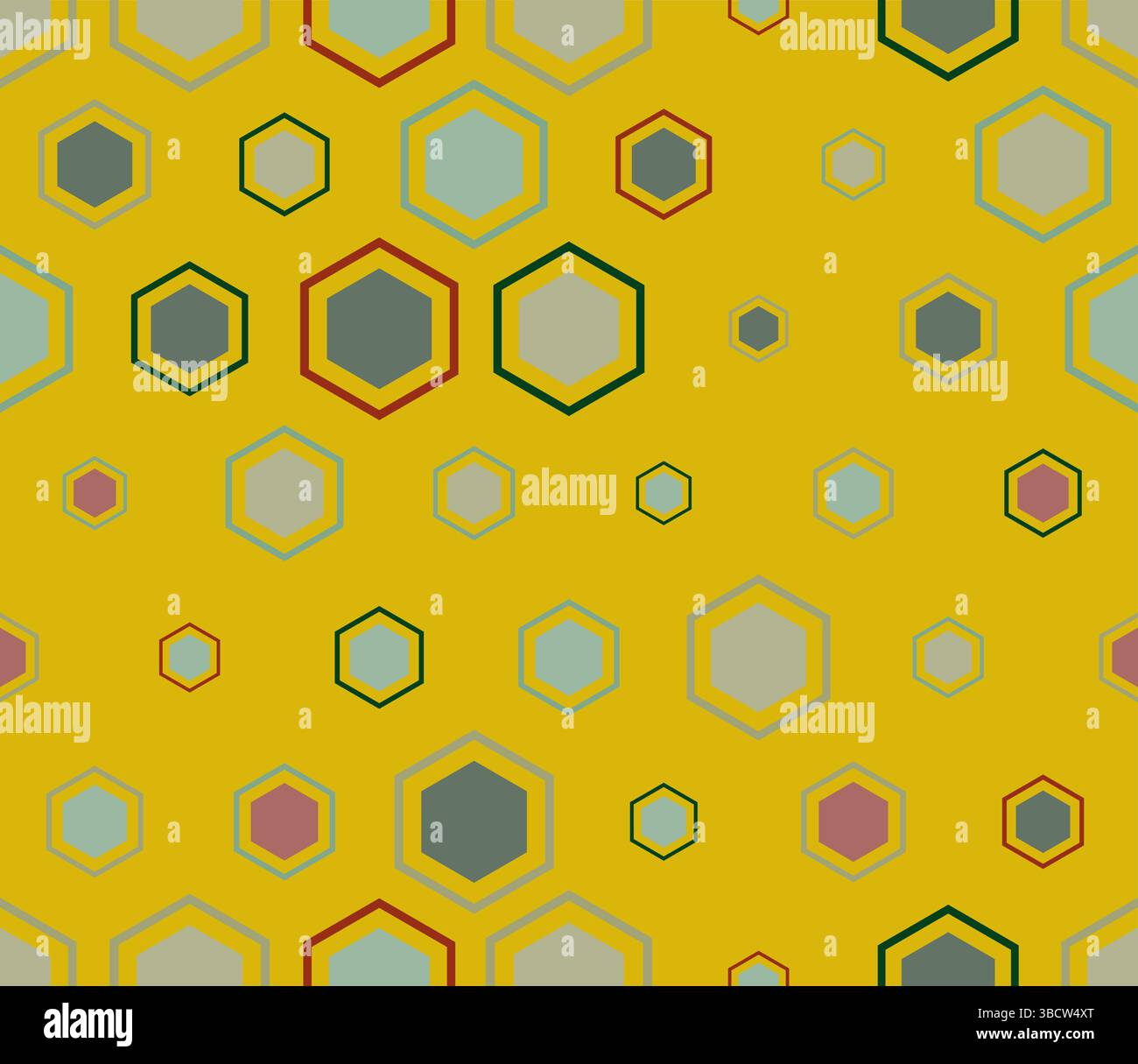 Geometrisches Muster. Mehrfarbige geometrische Elemente unterschiedlicher Größe. Hexagonaler Mosaikhintergrund mit inneren Festkörperzellen. Grosse Wabenzellen. Stock Vektor