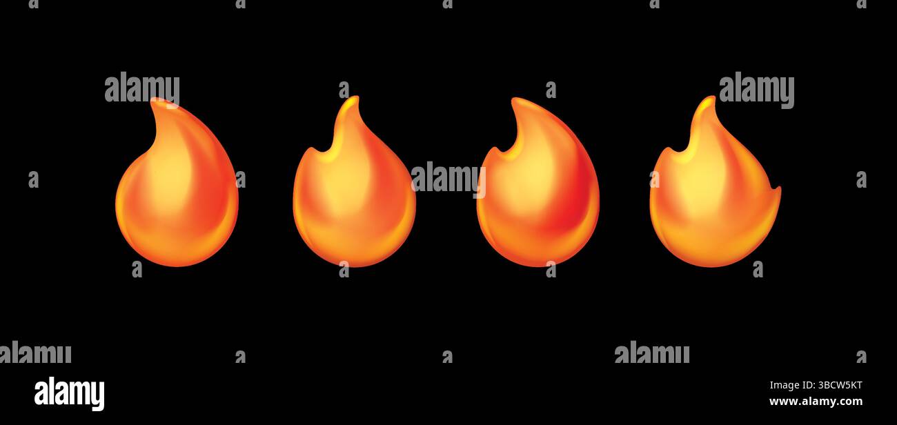 Symbole für den Zeichentrickfilm. Orangefarbene Symbole, Flammenembleme. Isoliertes Glockenfeuer, Heißbrand. Kürzlich entflammbare, gefährliche oder zündende Elemente Stock Vektor