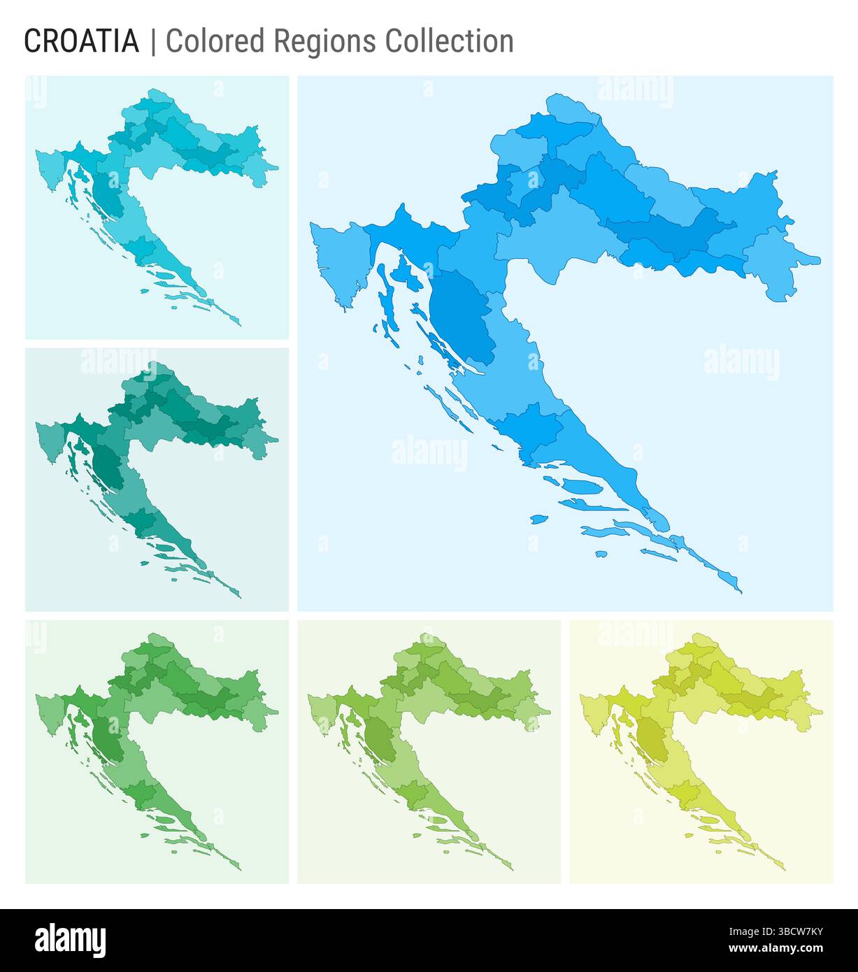 Kartensammlung Kroatien. Länderform mit farbigen Regionen. Hellblau, Cyan, Teal, Grün, Hellgrün, Farbpaletten in Limettenfarben. Stock Vektor