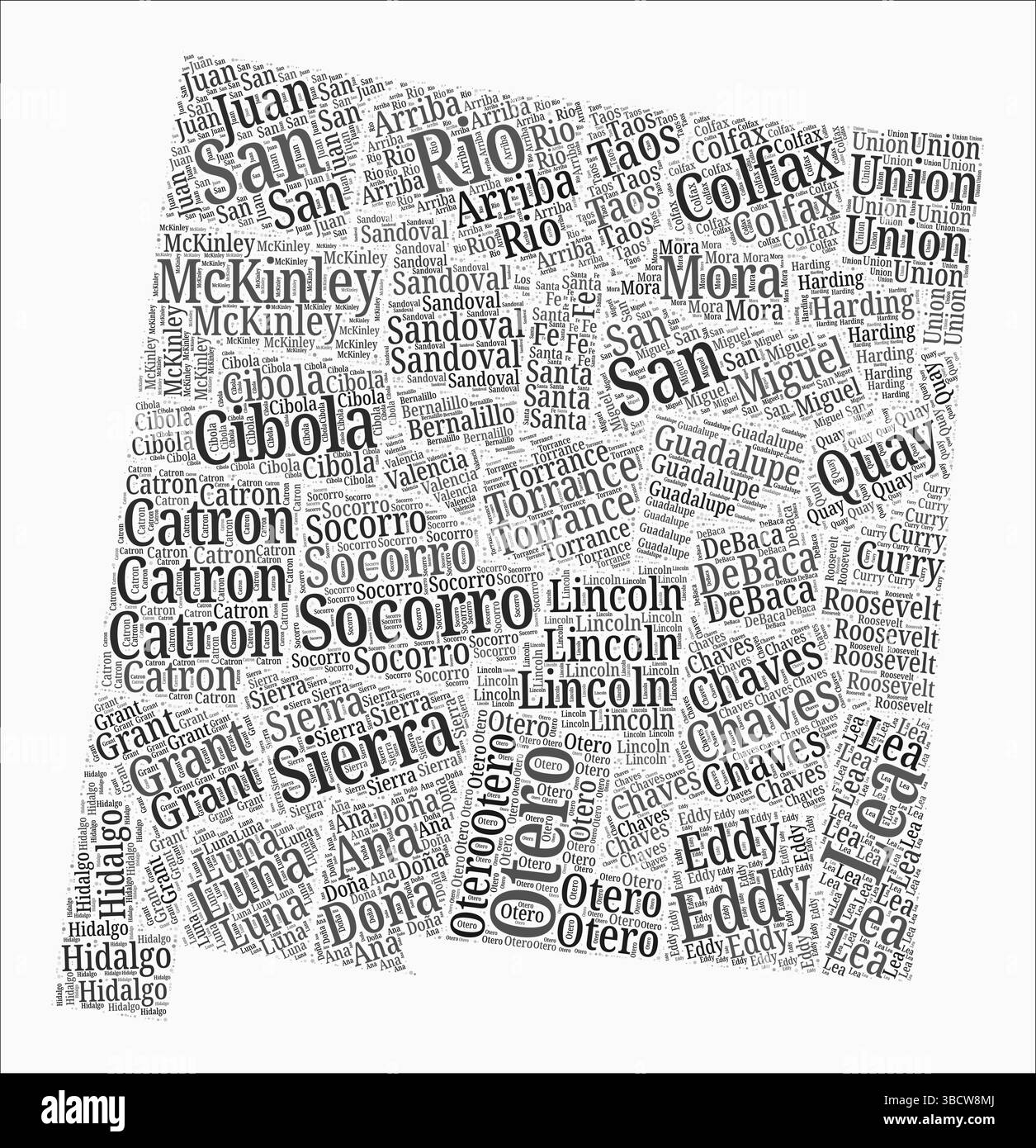 New Mexico - Textstil - Bezirke. Name von Wortwolken in englischer Sprache. Künstlerische Vektorillustration. Stock Vektor