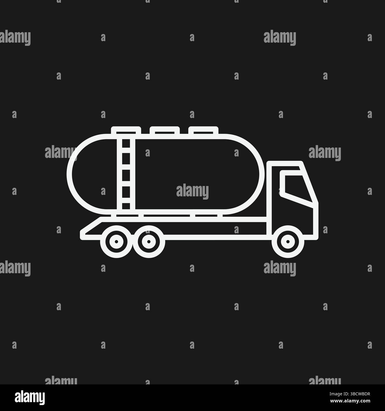 Halb realistisches Tankfahrzeug-Symbol, saubere Vektorkunst mit weißer Umrandung auf schwarzem Hintergrund und Industriedesign für Logistik, Transport und Kraftstoff Stock Vektor