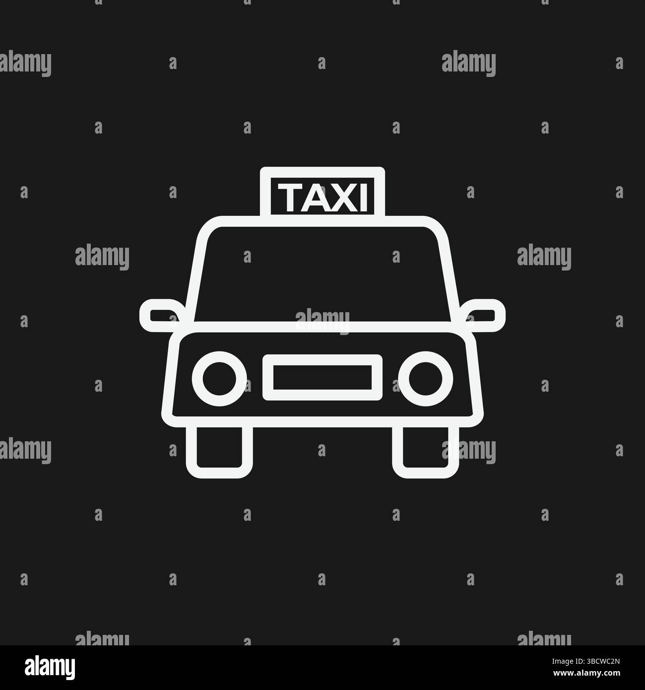 Minimalistisches weißes Taxi Symbol einfache Linie Art Fahrzeug Design auf schwarzem Hintergrund, Stadtreisen, Fahrservice und urbane Mobilität Stock Vektor
