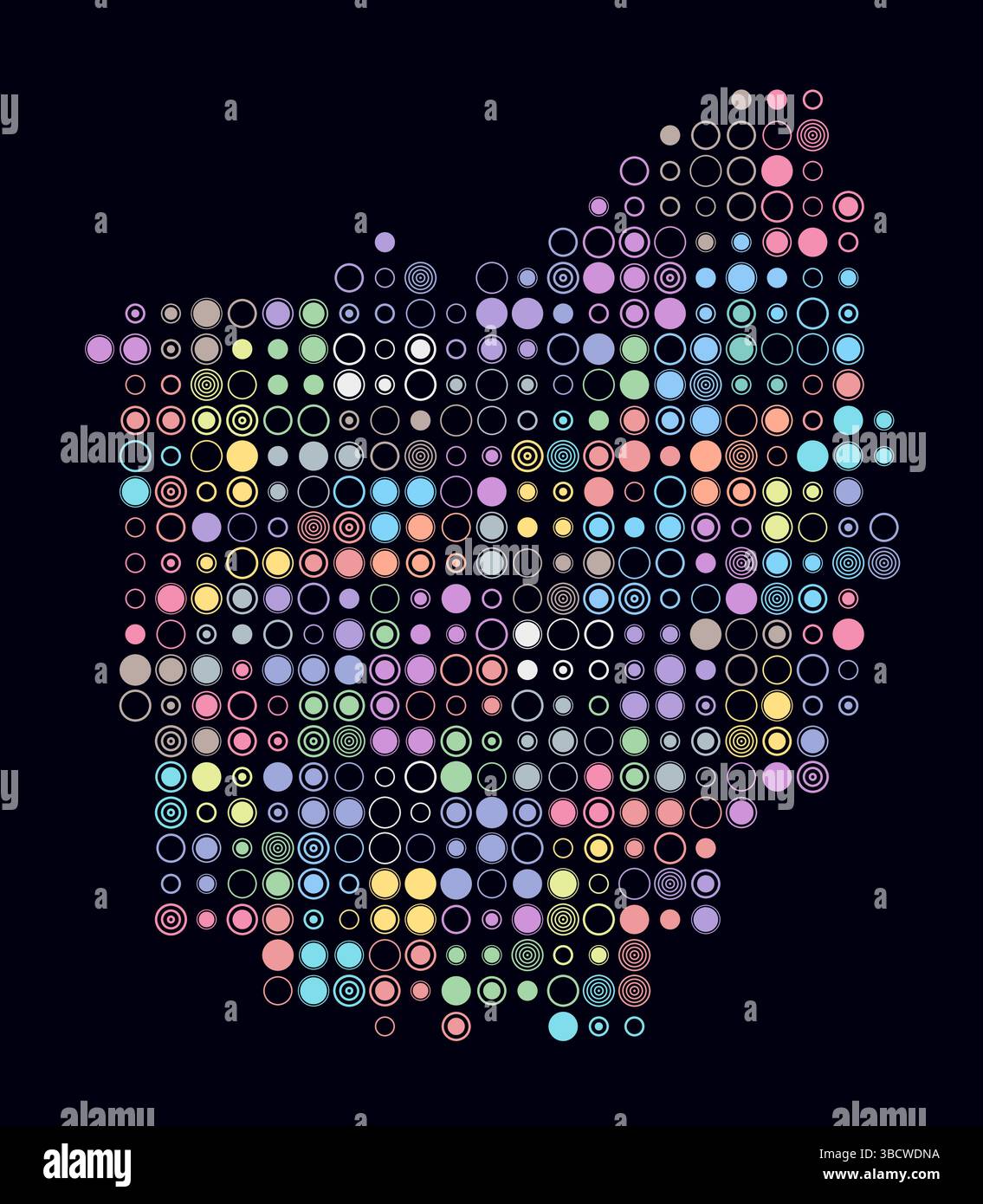 Ohio, Form des staatlichen Gebäudes aus farbigen Zellen. Digitale Karte von Ohio auf dunklem Hintergrund. Große Kreisblöcke. Stock Vektor