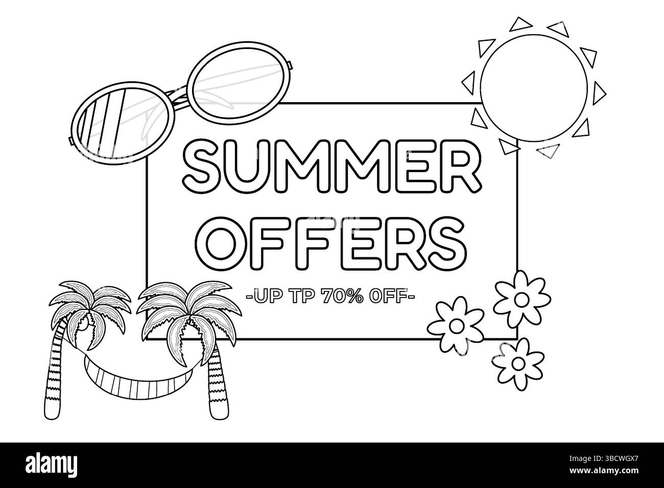 Umrisszeichnung der Ausmalseite mit Sonnenbrille, Sonne, Palmen, Blumen und Rabatttext. Für unterhaltsame Sommerangebote Stock Vektor
