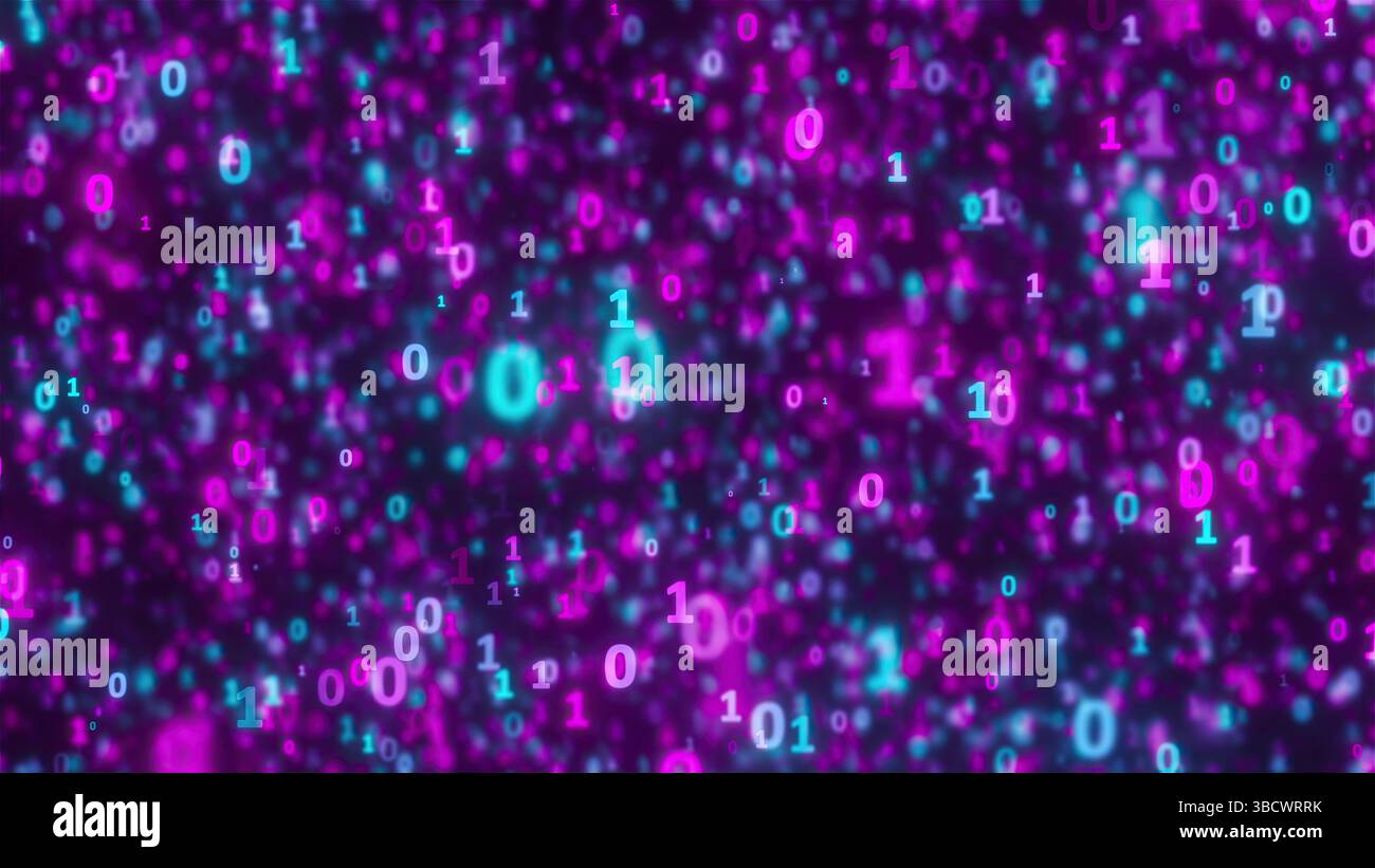 Blauer und violetter Binärcode. Computergeneriertes 3D-Rendering Stockfoto