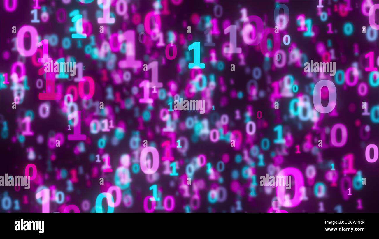 Blauer und violetter Binärcode. Computergeneriertes 3D-Rendering Stockfoto
