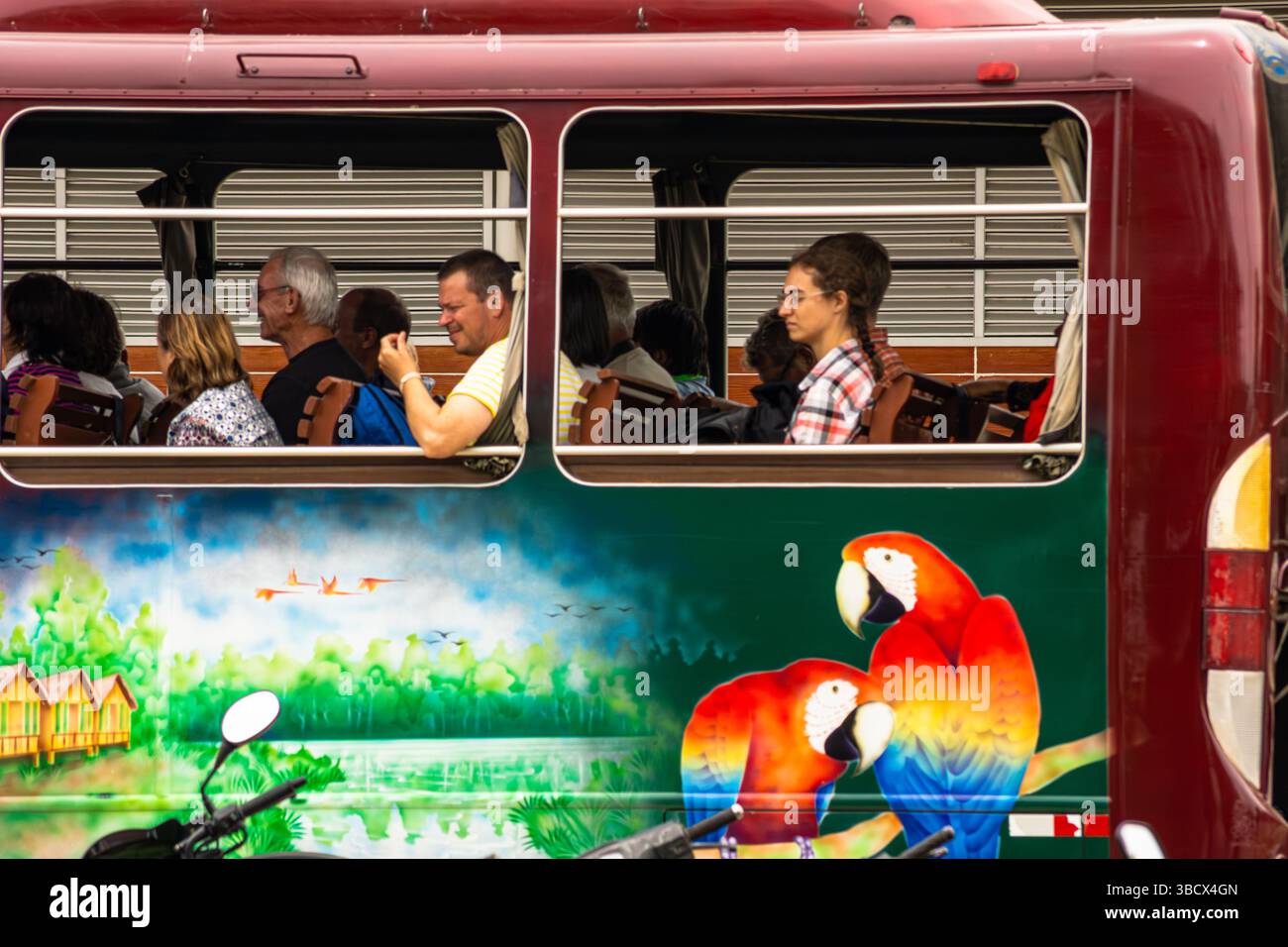 Touristen, die auf ihren traditionellen und malerischen Bus warten, um vom Madre de Dios International Airport, Peru, abzufahren. Stockfoto