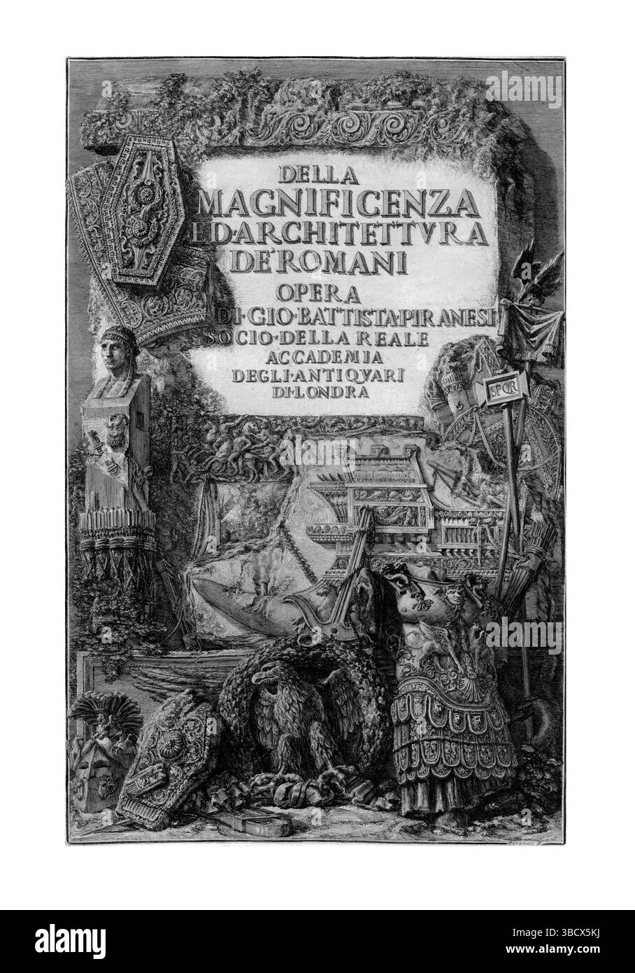Titelstich aus dem 18. Jahrhundert von Piranesi, der römische Pracht und Architektur zeigt und klassisches Design und historischen künstlerischen Stil betont. Stockfoto