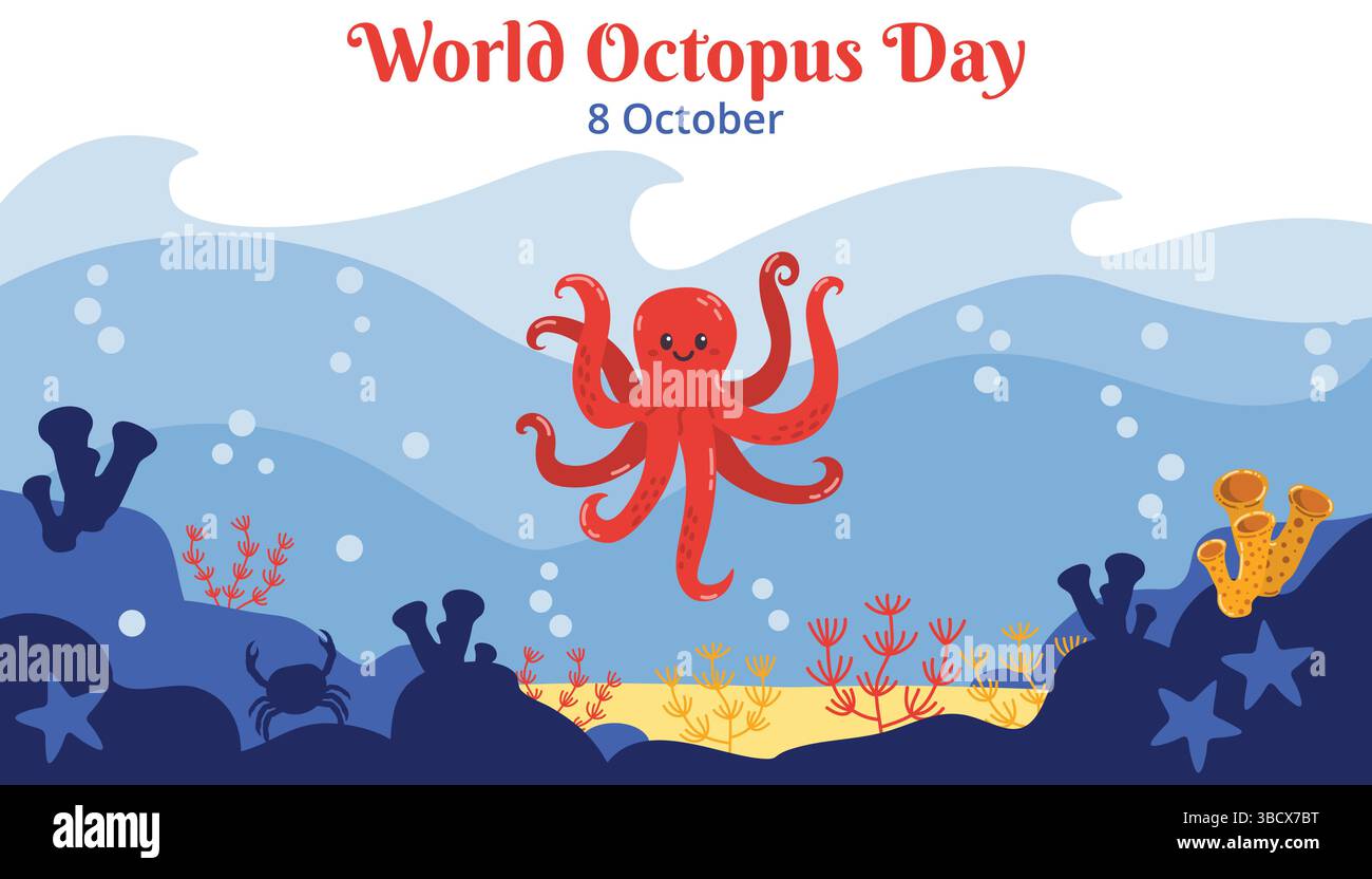 Verspielte Karte zum Tag der Oktopus-Welt mit einem fröhlichen Cartoon-Oktopus in einer farbenfrohen Unterwasserlandschaft. Flaches Design mit Meerespflanzen, Blasen und o Stock Vektor