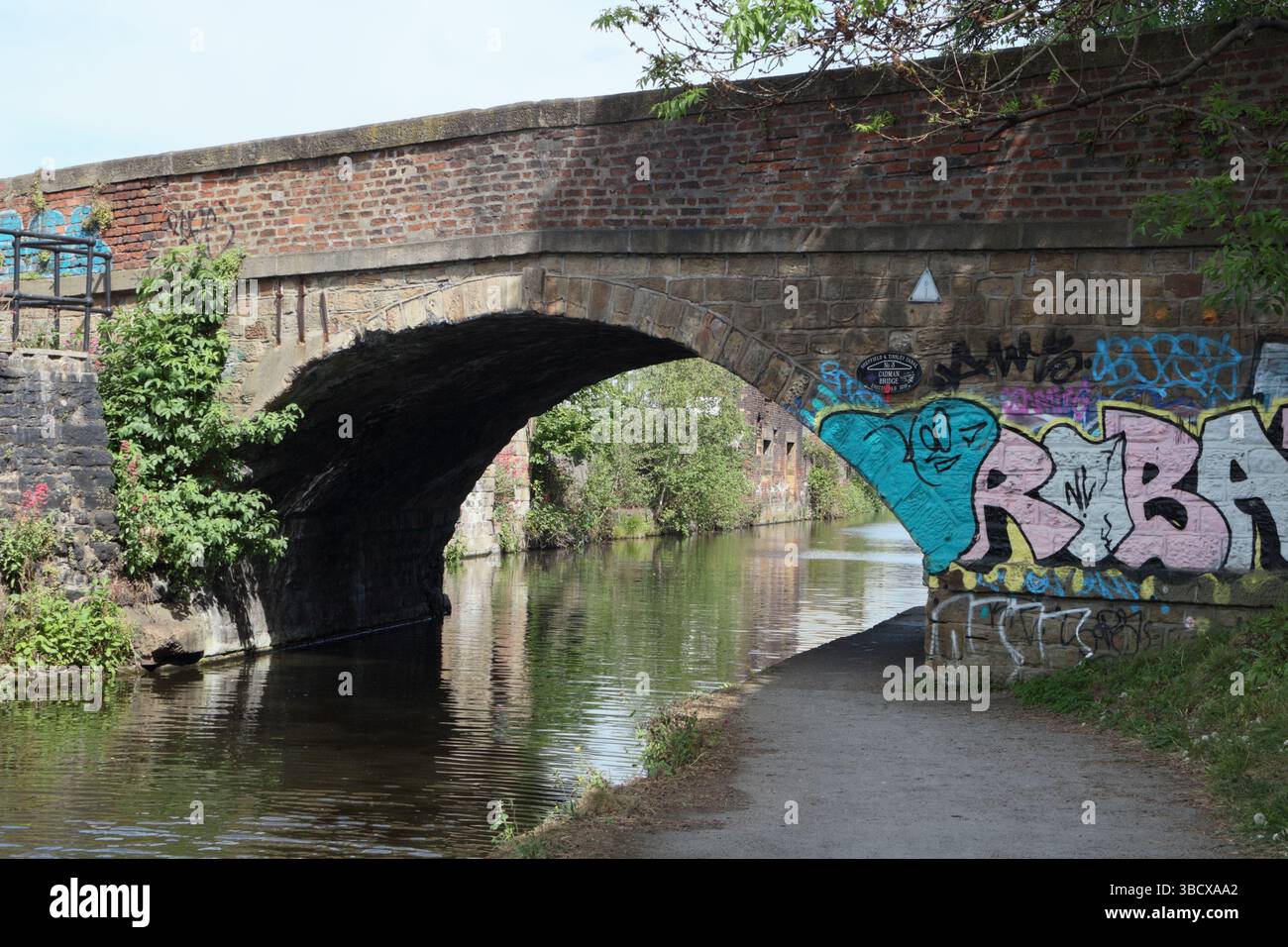 Sheffield Canal Waterway in England, britische urbane Industrieszene, Brücke mit Schleppweg Stockfoto