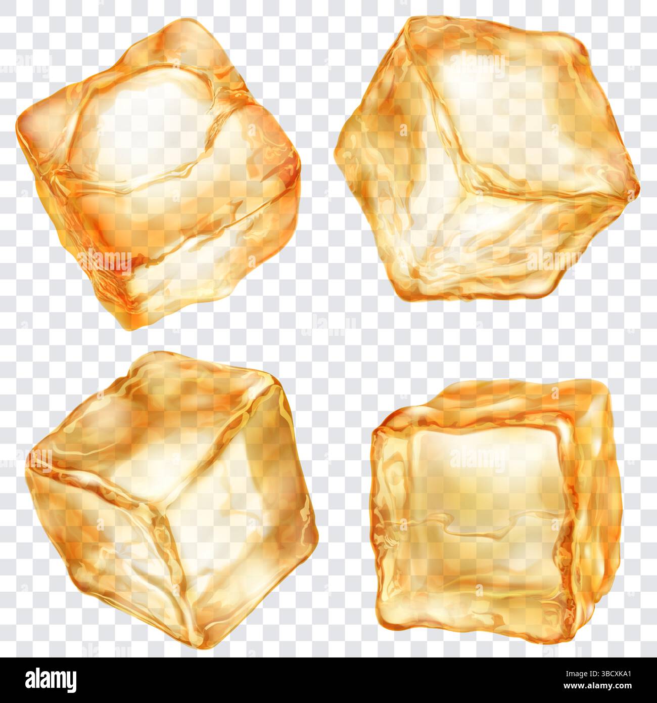 Set aus vier realistisch durchscheinenden Eiswürfeln in gelben Farben, isoliert auf einem transparenten Hintergrund. Transparenz nur im Vektorformat. Stock Vektor