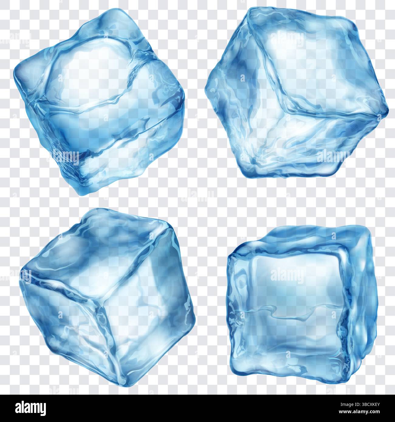 Set aus vier realistisch durchscheinenden Eiswürfeln in blauen Farben, isoliert auf einem transparenten Hintergrund. Transparenz nur im Vektorformat. Stock Vektor