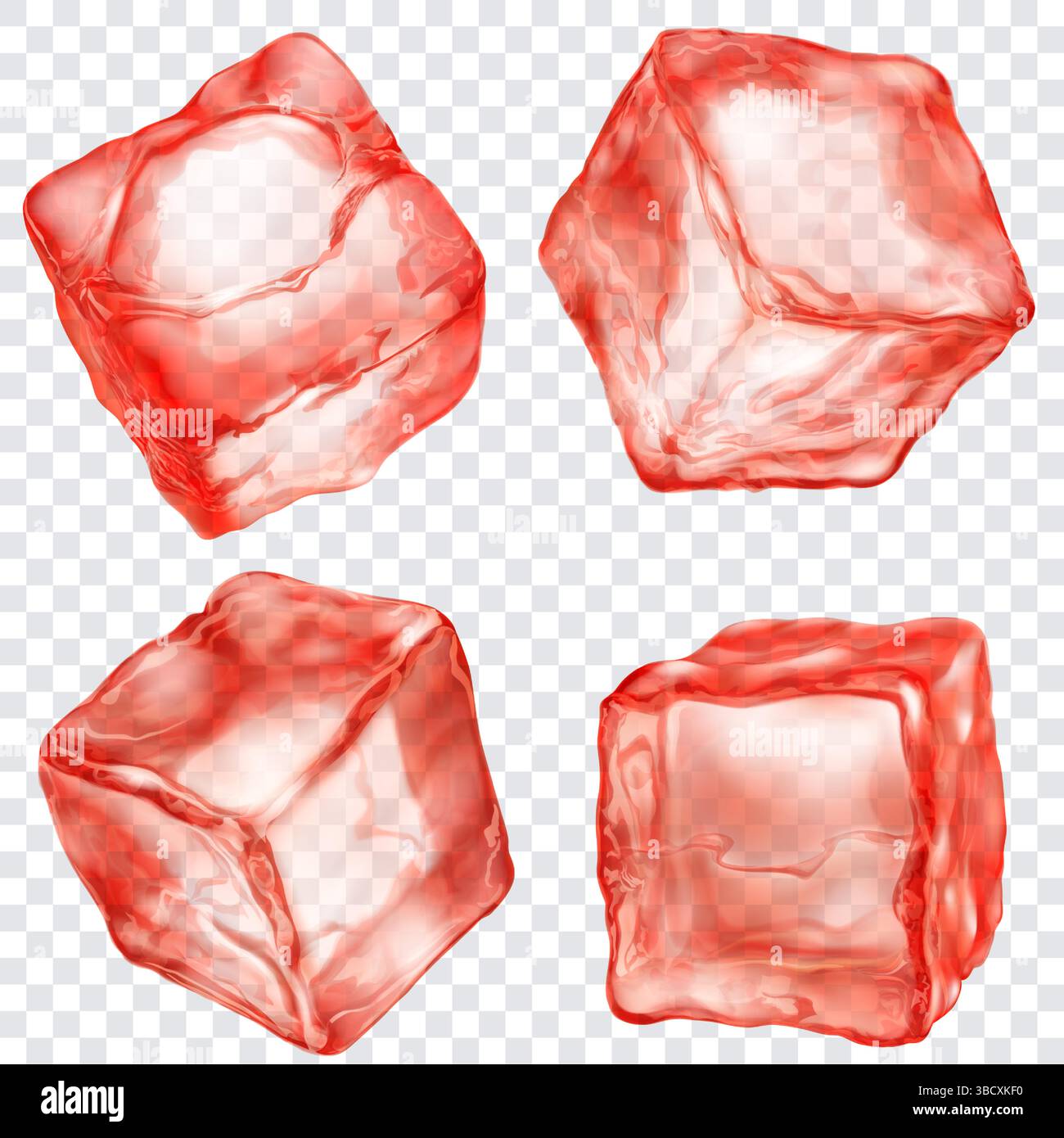 Set aus vier realistisch durchscheinenden Eiswürfeln in roten Farben, isoliert auf einem transparenten Hintergrund. Transparenz nur im Vektorformat. Stock Vektor