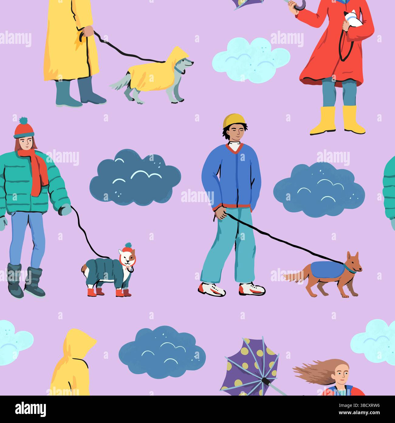 Bei schlechtem Wetter gehen Menschen mit Hunden. Ein Spaziergang mit einem Hund im Herbst und Winter im Regen an einem kalten Tag. Nahtloses Vektormuster. Stock Vektor